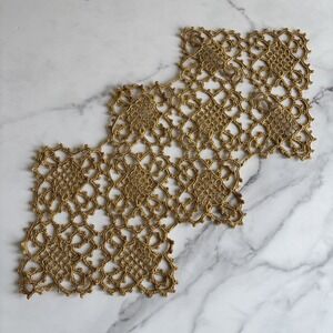 VTG Gold Metallic Crochet Lace Table Runner Joined Motif Handmade Dresser Scarf